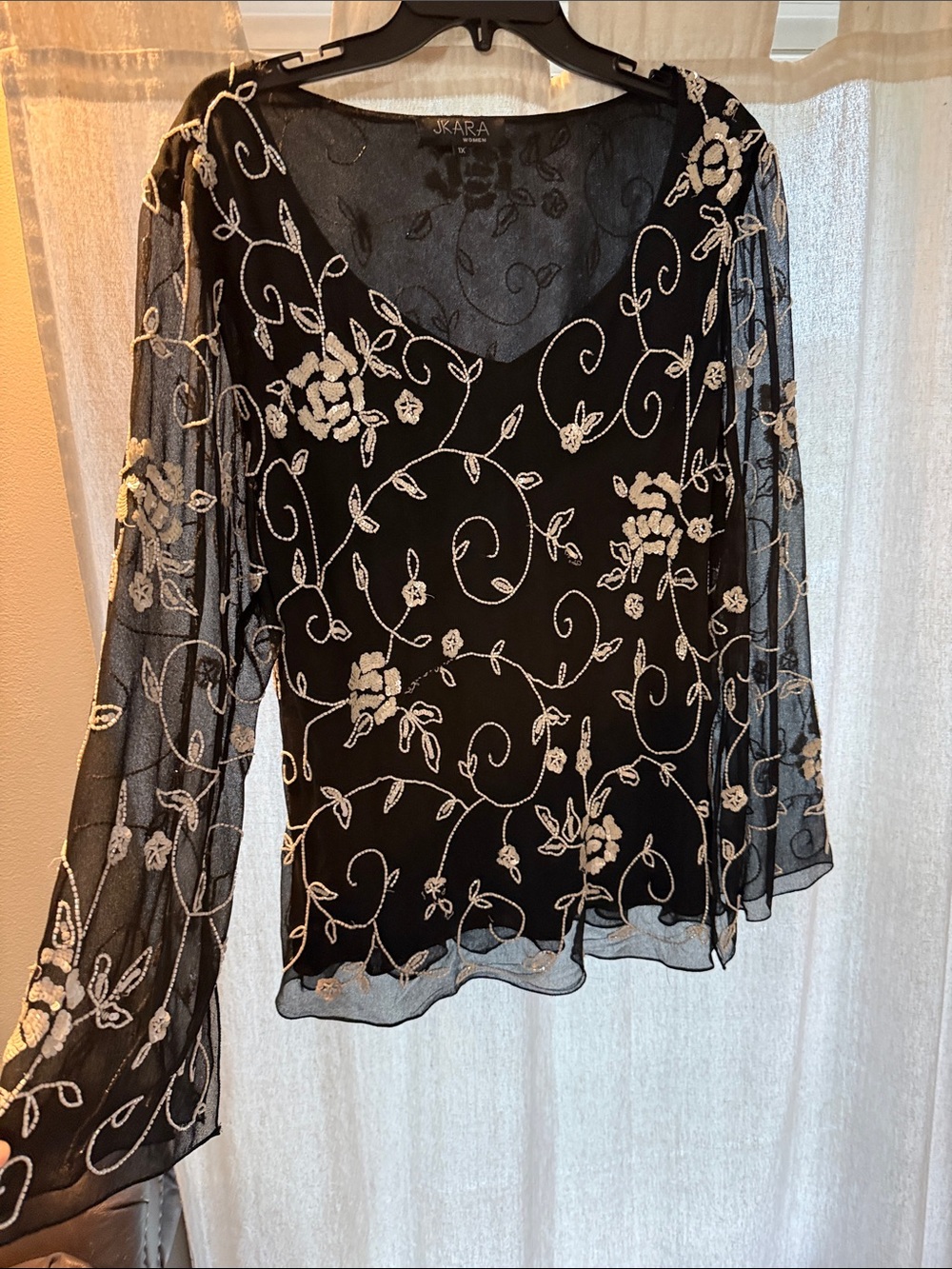 J Kara Black Sheer Floral Embroidered Evening Blouse
